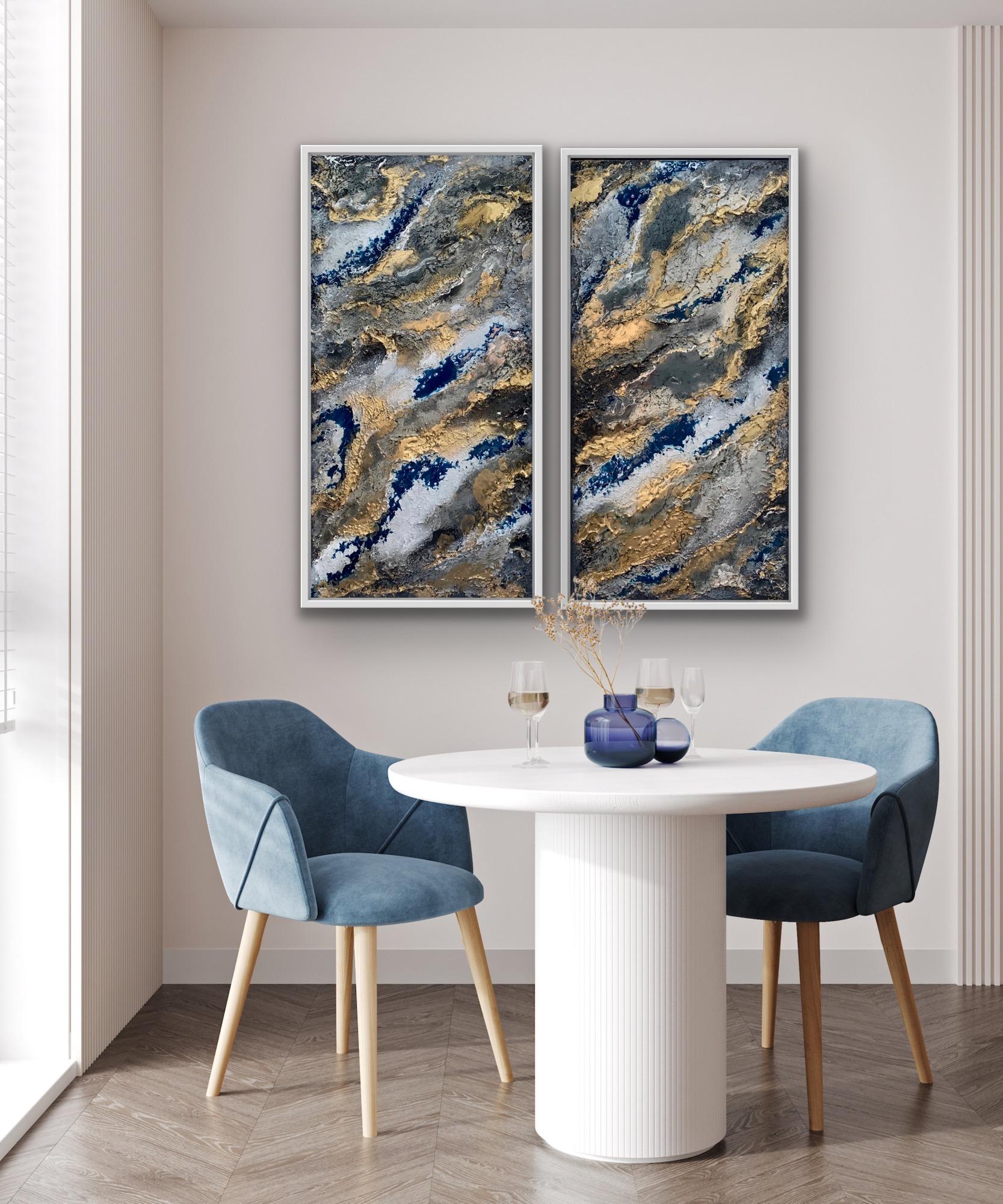 The Way of the Water Diptych, Original Blue, black and Gold Abstract Painting For Sale 5