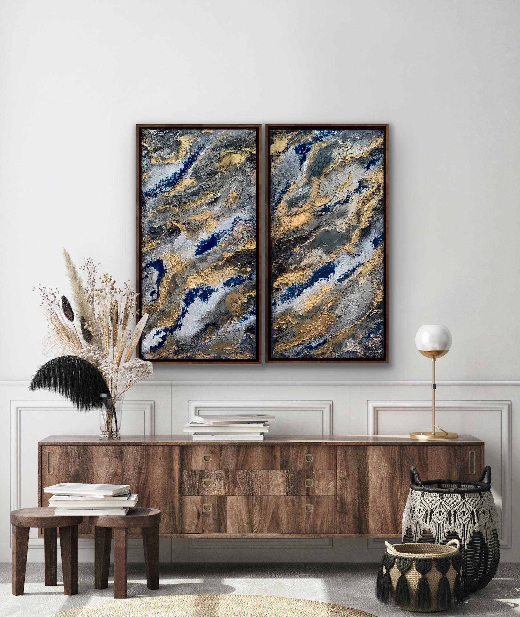 The Way of the Water Diptych, Original Blue, black and Gold Abstract Painting For Sale 6