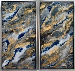 The Way of the Water Diptych, Original Blue, black and Gold Abstract Painting