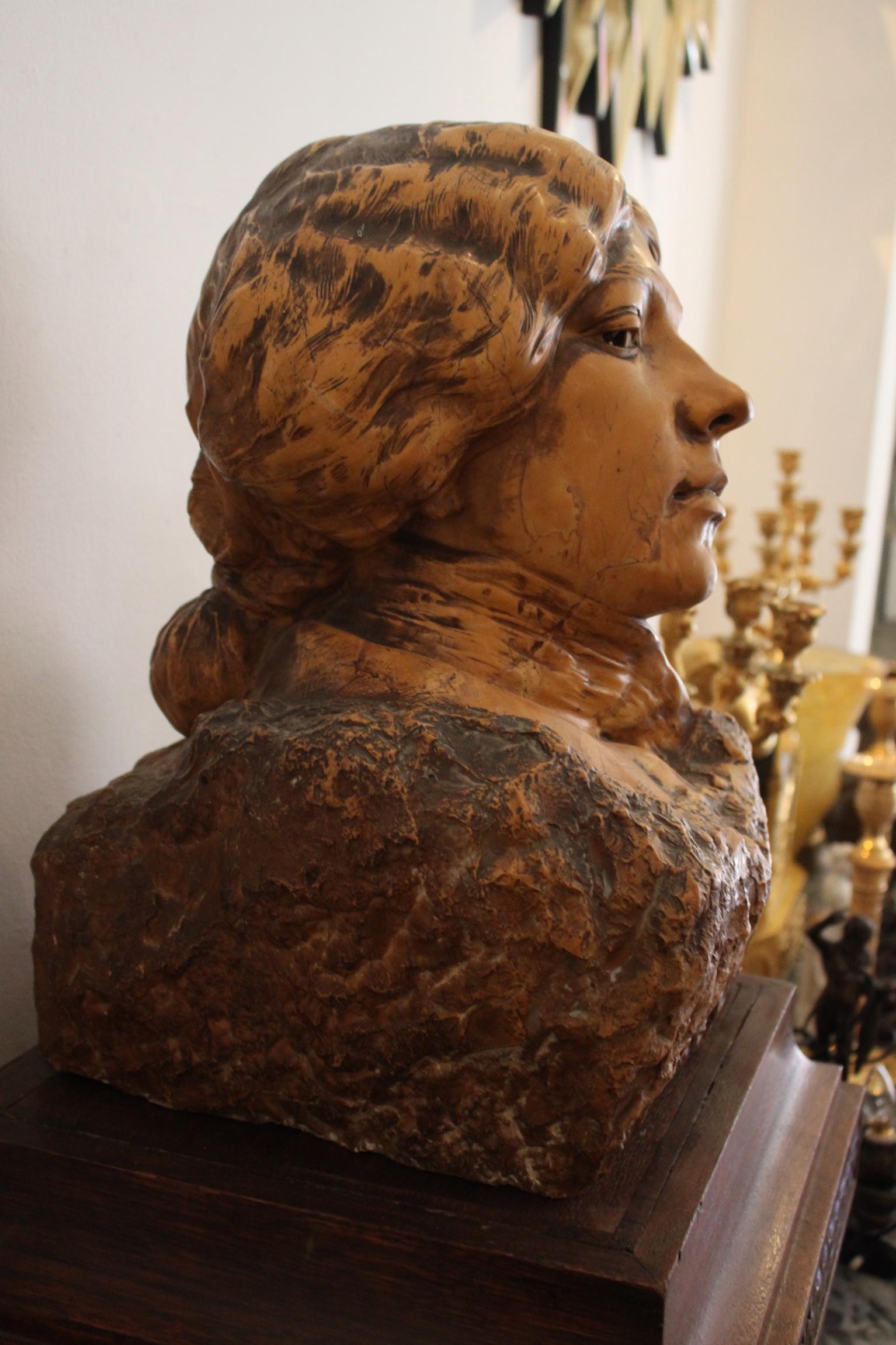 Carved Sarah Bernhardt Siena Marble Bust by Auguste Carli For Sale