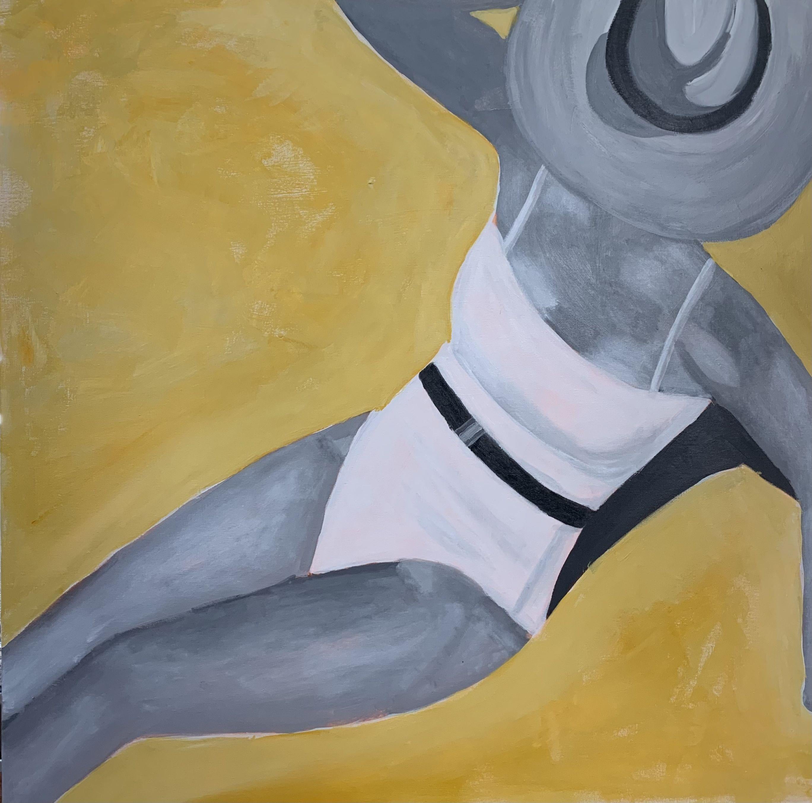 Monochrome woman in beach hat and swimsuit against golden rod backdrop. .      Textured and shaded with multiple coats of paint for wonderful depth and dimension.     36x 36x 1.5 inch     Sides are finished, no need to frame.     All paintings