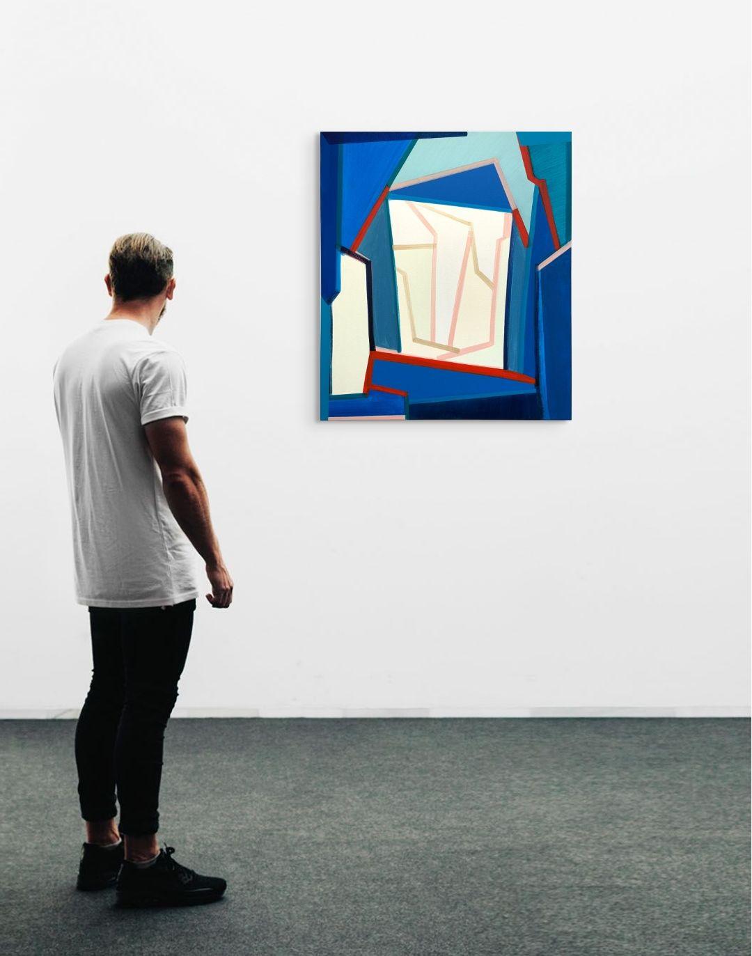 Away Again, pittura astratta dinamica su tela con blu e rosso - Painting di Sarah Brenneman