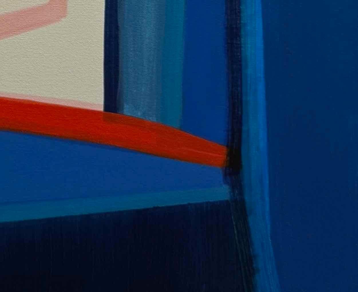 Away Again, pittura astratta dinamica su tela con blu e rosso - Painting Astratto di Sarah Brenneman