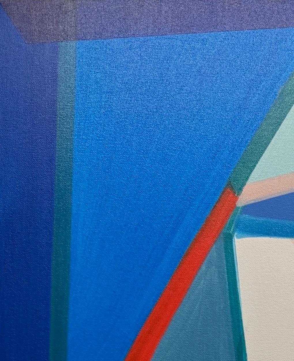 Away Again, pittura astratta dinamica su tela con blu e rosso - Abstract Painting Blu di Sarah Brenneman