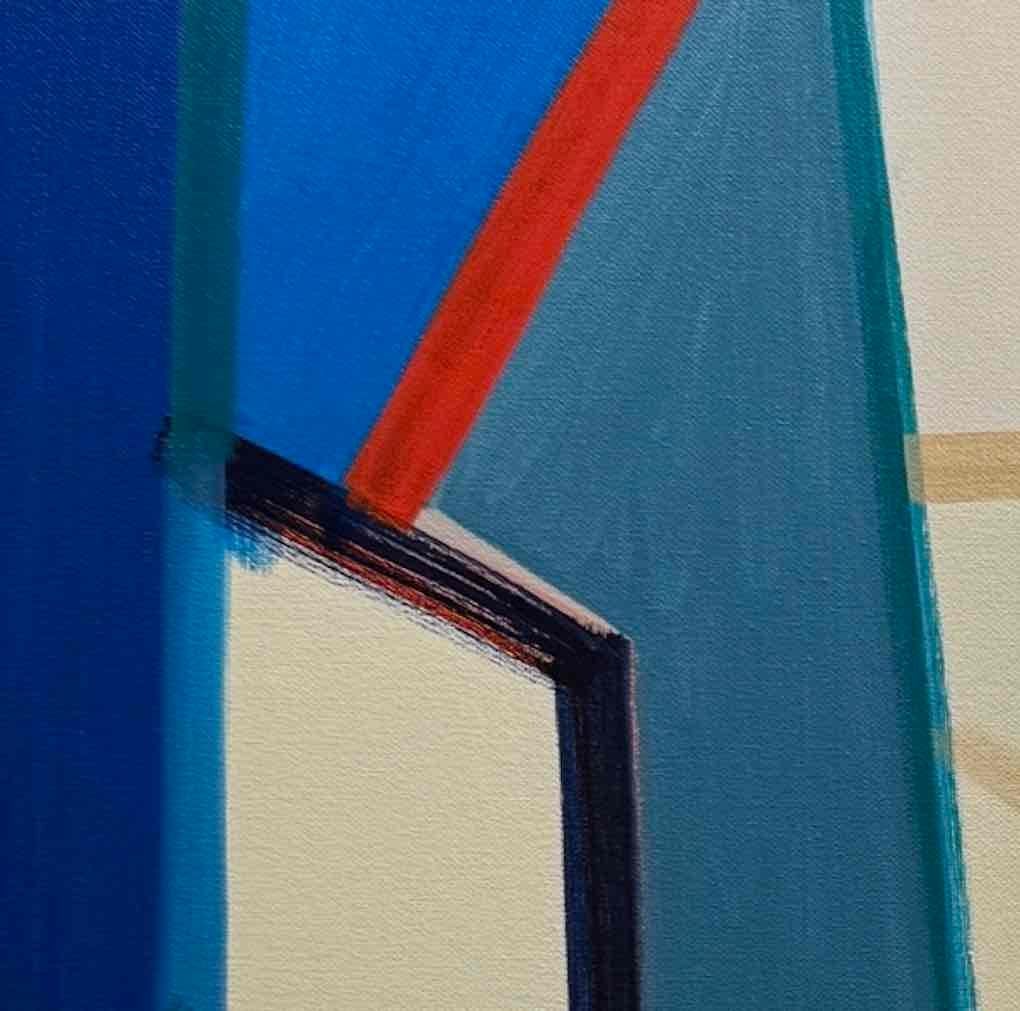 Away Again, pittura astratta dinamica su tela con blu e rosso in vendita 2