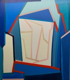 Away Again, pittura astratta dinamica su tela con blu e rosso