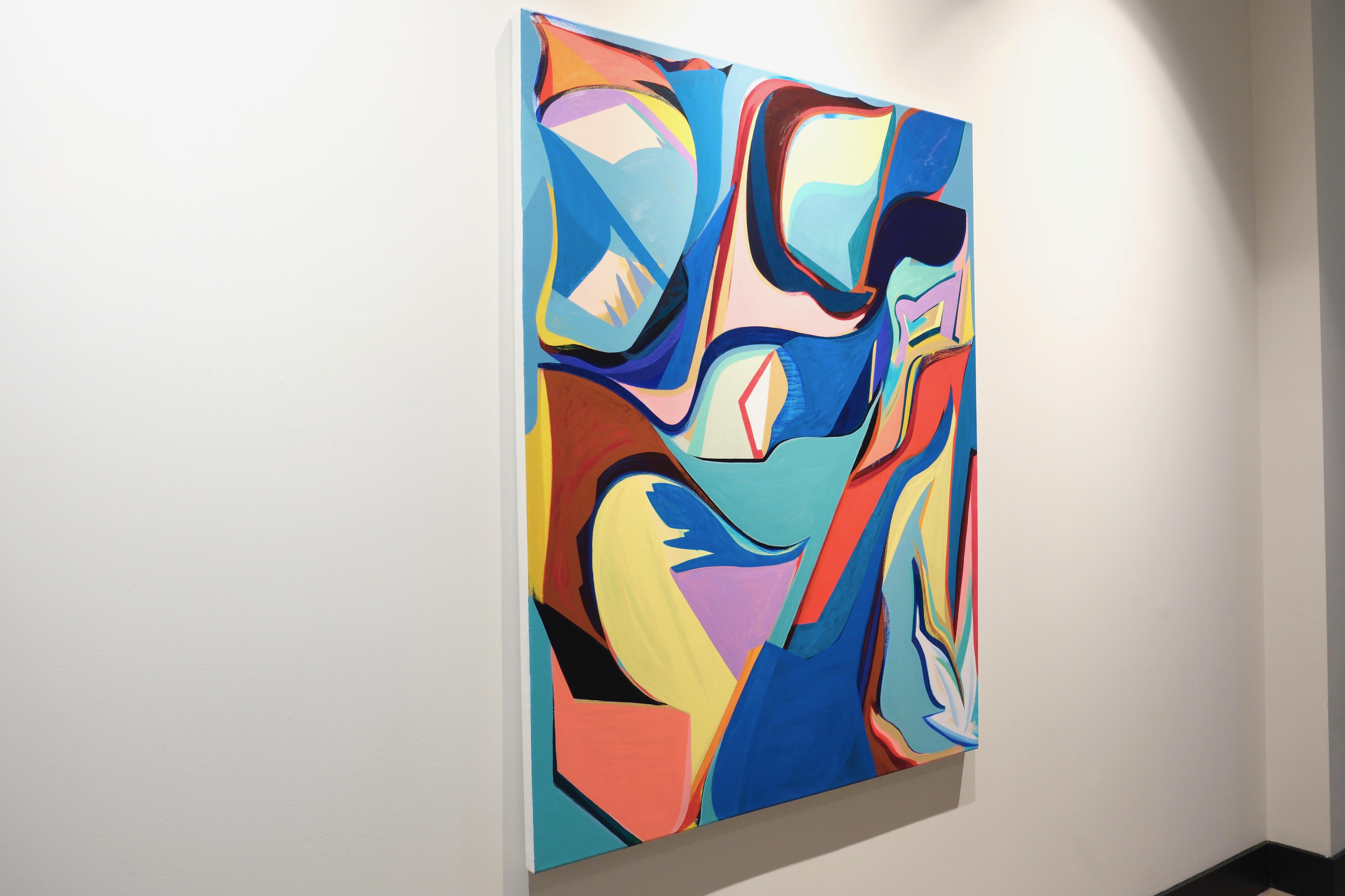 The artist begins her work with a brush mark or a painted shape on the canvas and then performs a series of reactions to each gestural move. She is aiming to connect to the viewer through the language of abstraction as the visual representation of