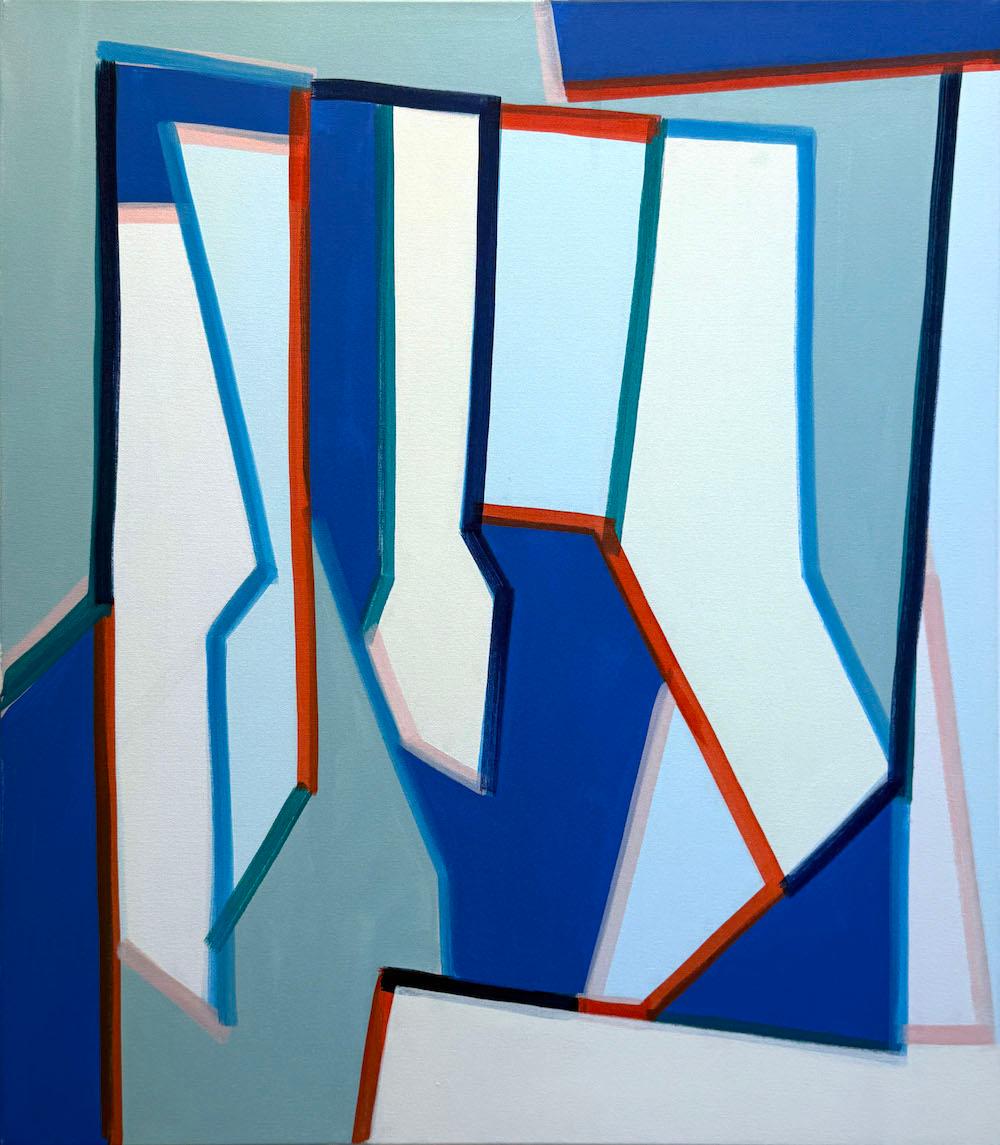 Perdere la pazienza, astrazione in blues, whiting e grigio - Painting di Sarah Brenneman