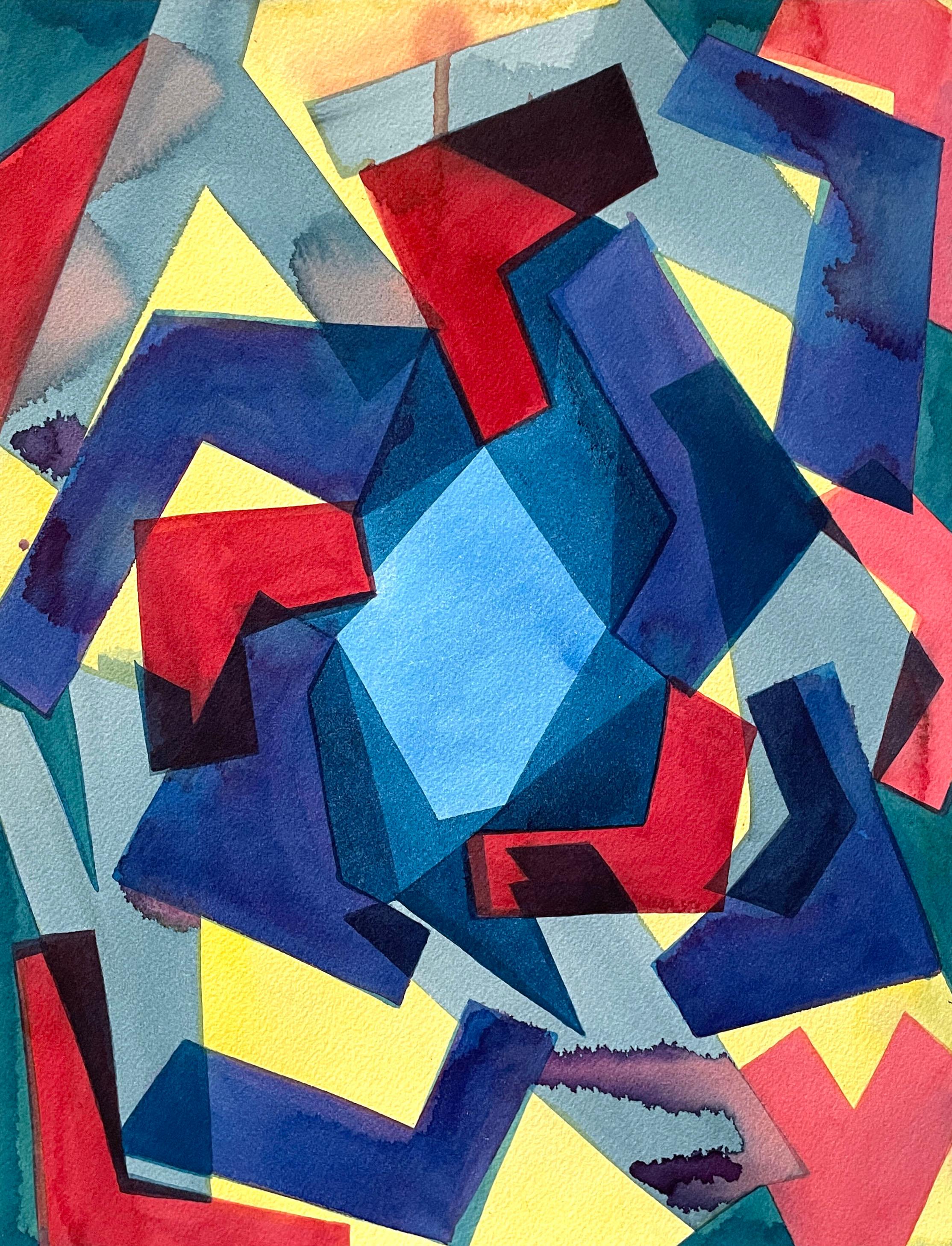 Sarah Brenneman Abstract Painting – Unausgesprochene Regel, ein lebhaftes kleines geometrisches abstraktes Aquarell auf Papier