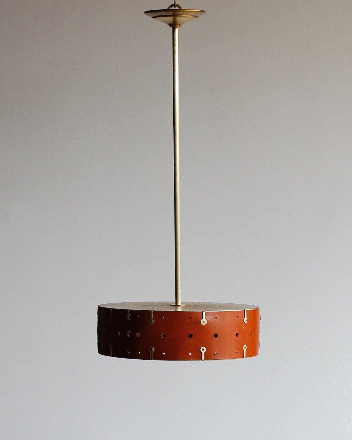 Modern Satin Brass Sarah Ceiling Pendant in Tan Leather 14