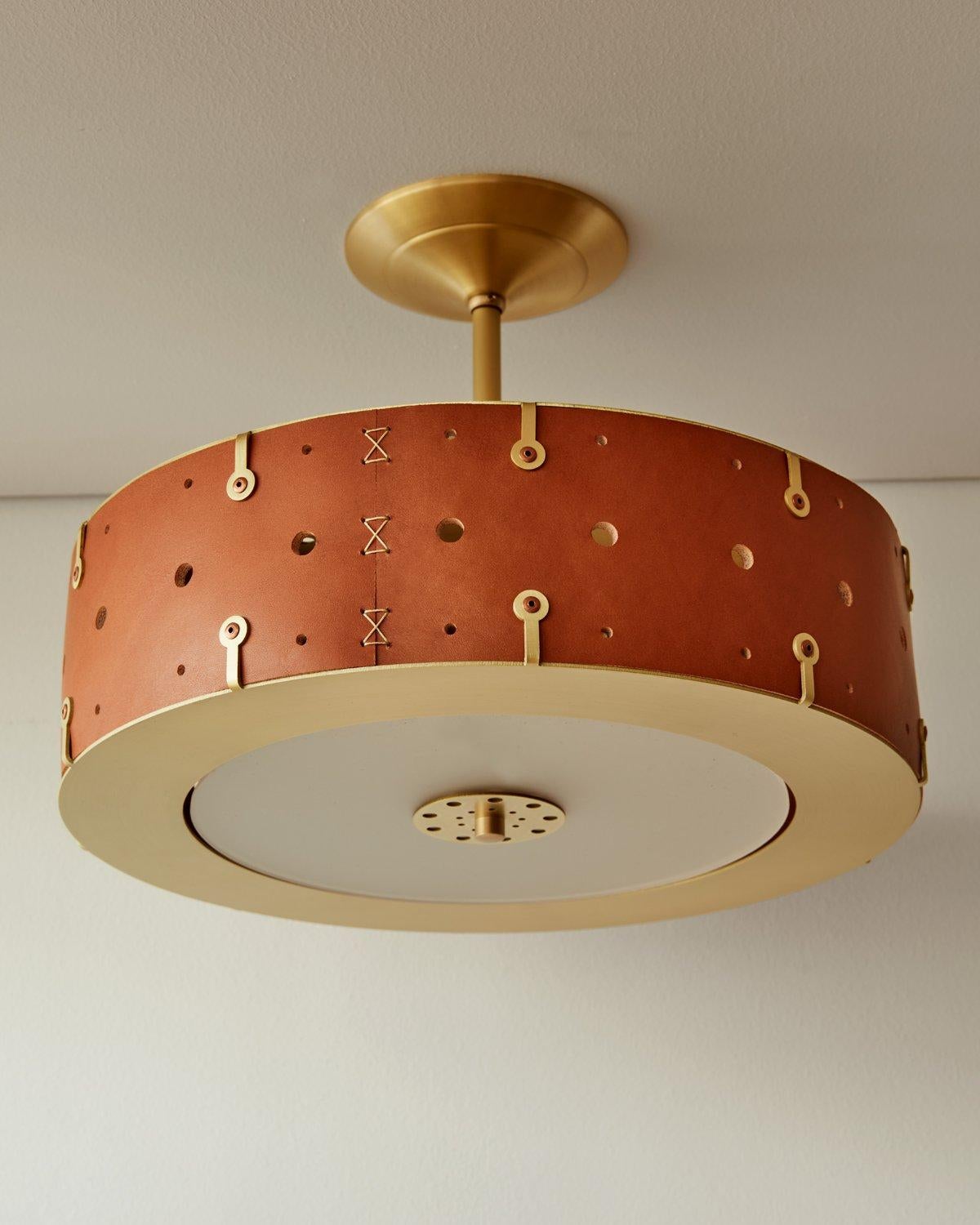 Contemporary Modern Satin Brass Sarah Ceiling Pendant in Tan Leather 14