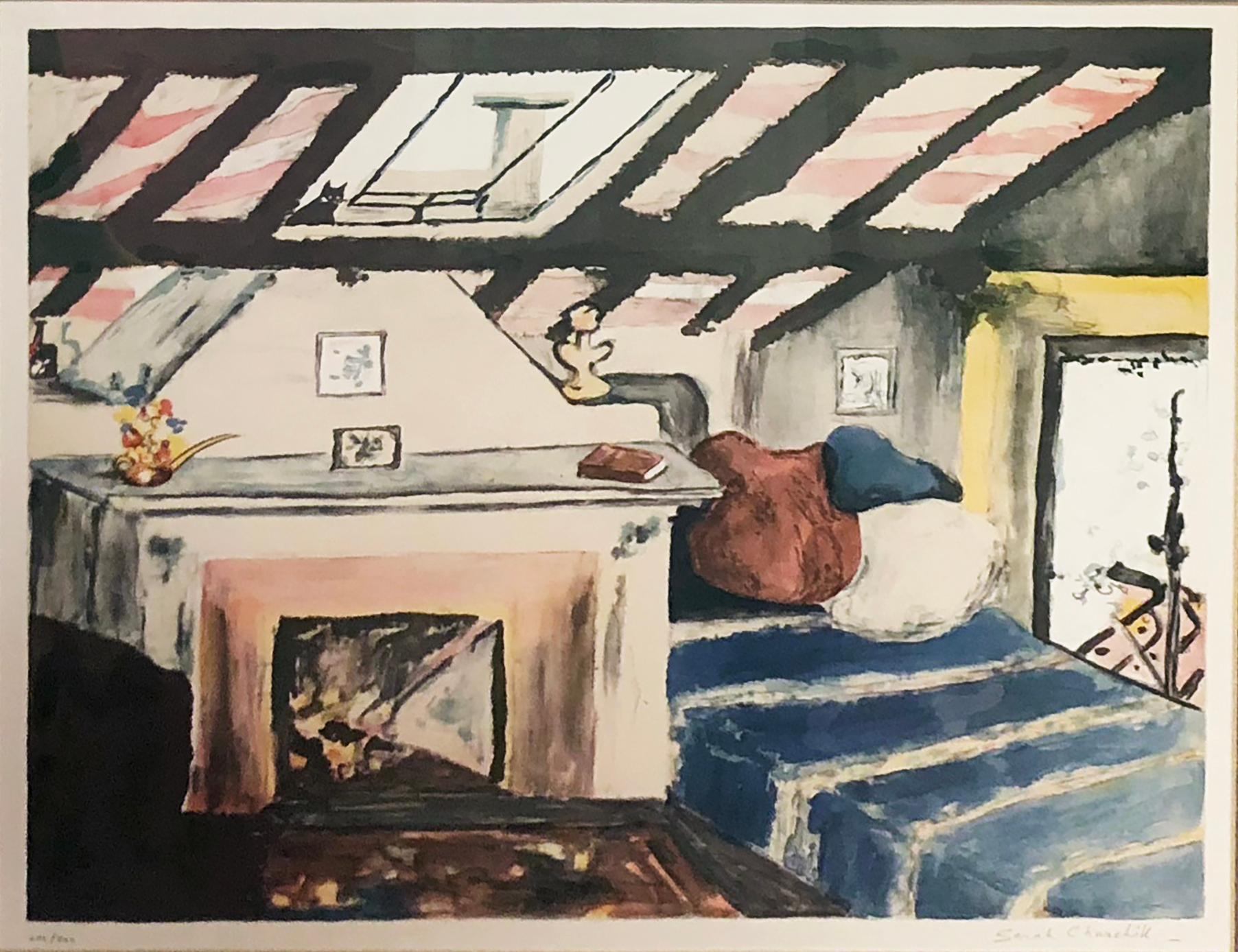 Sarah Churchill Animal Print - Attic Interior with Cat and Mouse