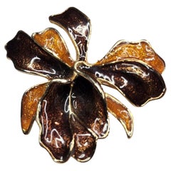 Sarah Coventry Brown and Amber Enamel Abstract Flower Gold Tone Brooch Pendant