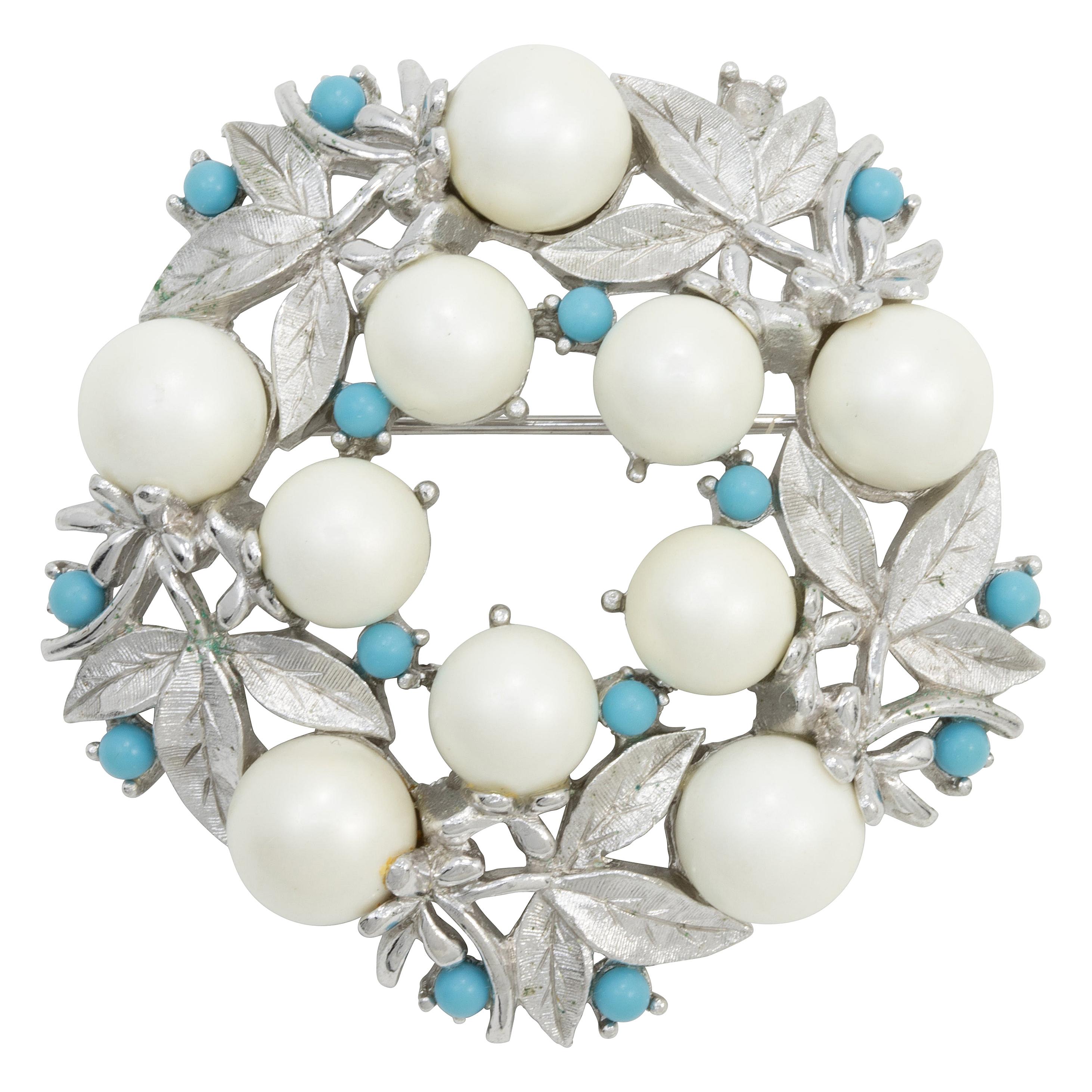 Sarah Coventry Floral Wreath Brooch, Faux Pearls and Blue Beads, Silver