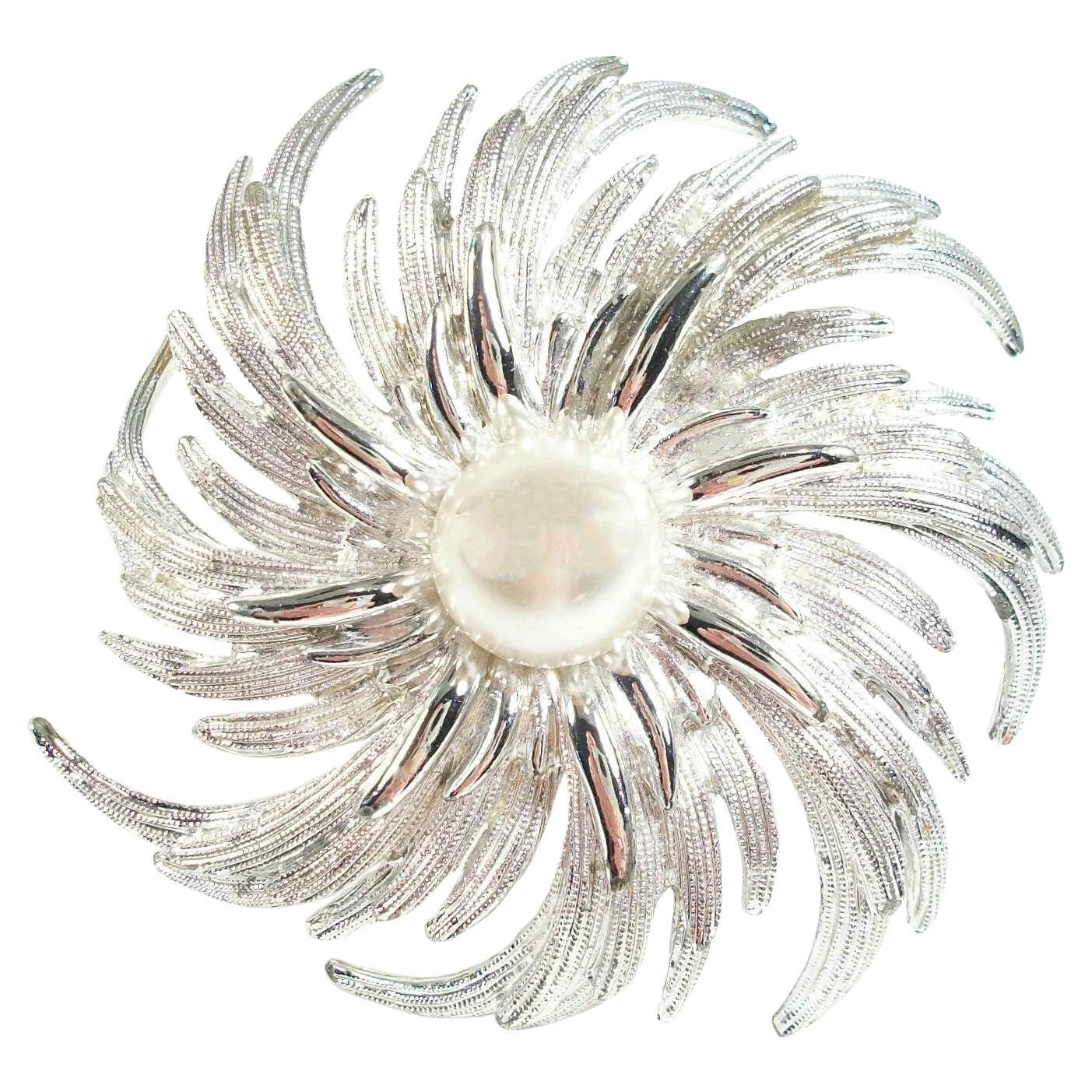 SARAH COVENTRY - Large Faux Pearl & Silver Tone Brooch - Signed - Circa 1960's For Sale