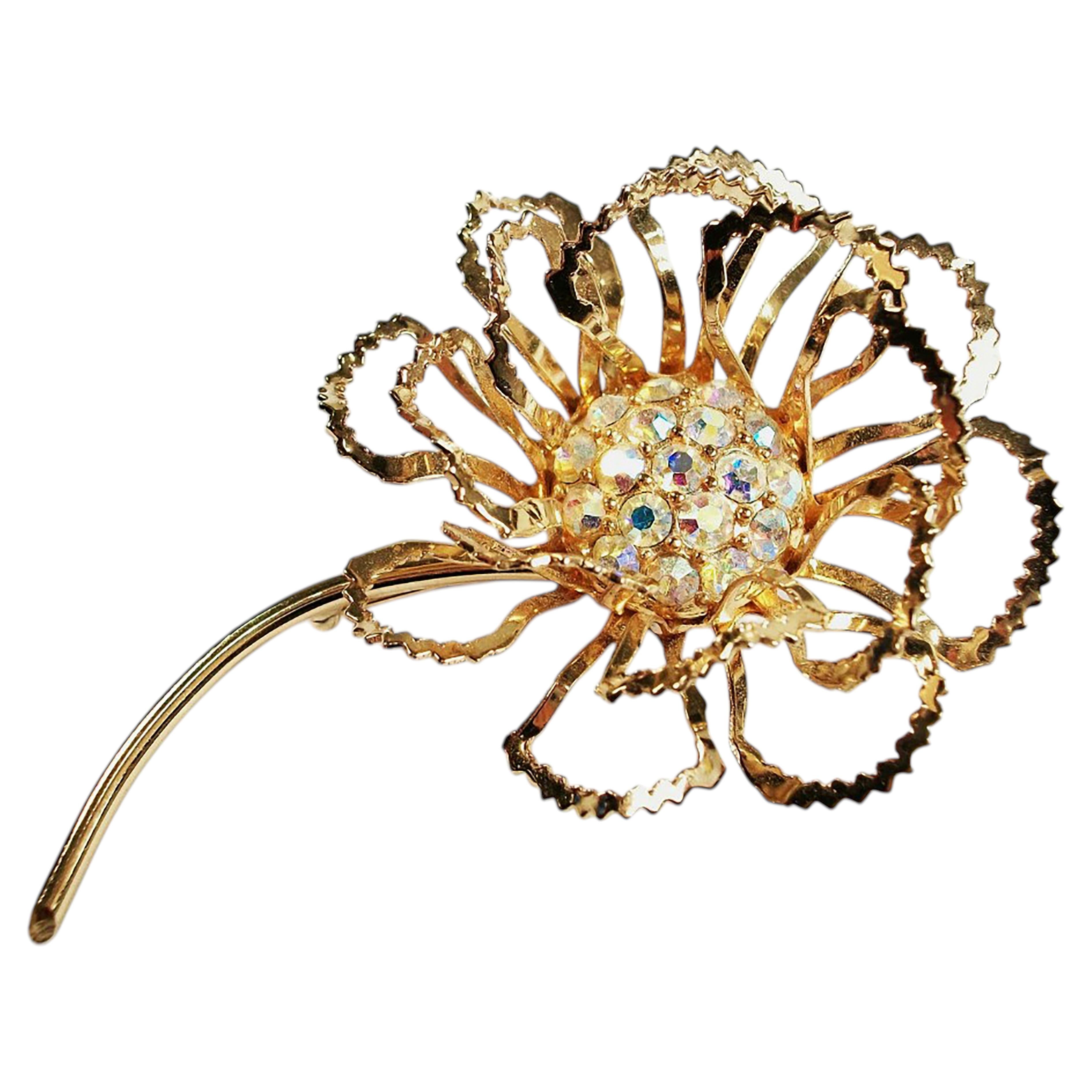 SARAH COVENTRY - Large Iridescent Rhinestone & Gold Tone Brooch - Circa 1970's