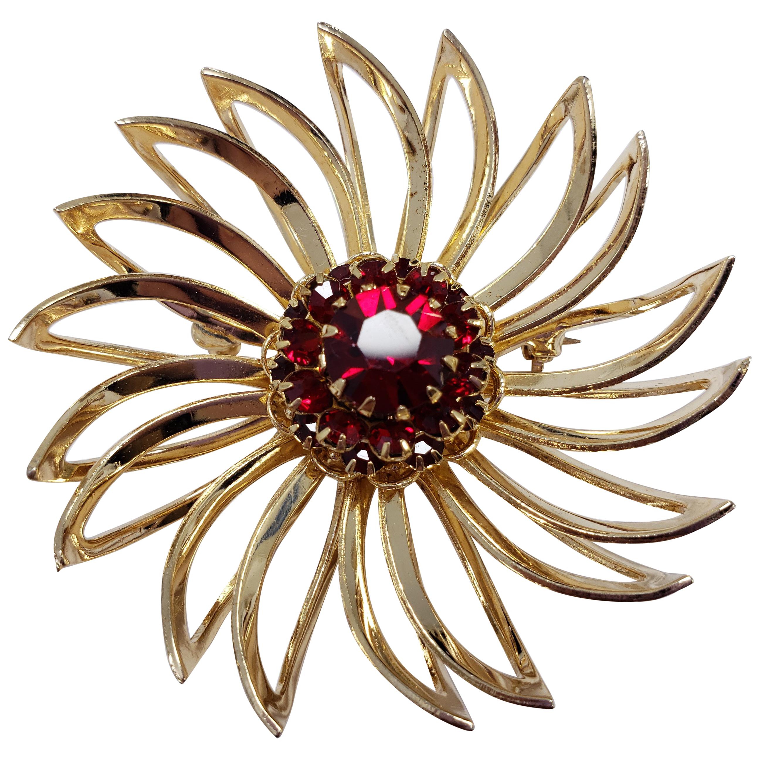 Sarah Coventry Ruby Red Crystal Gold Tone Curved Flower Pin Brooch