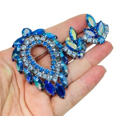 SARAH COVENTRY signed vintage silver blue navette rhinestones earrings brooch