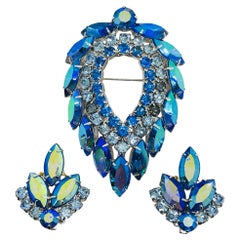 SARAH COVENTRY signed vintage silver blue navette rhinestones earrings brooch