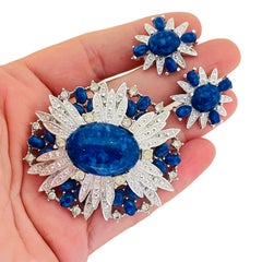 SARAH COVENTRY signed vintage silver tone glass designer brooch earrings set