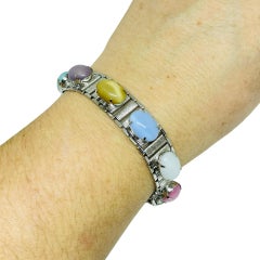 SARAH COVENTRY signed vintage silver tone with glass cabochons designer bracelet