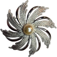 Sarah Coventry Silver Tone Faux Pearl Swirl Flower Brooch, 1960s