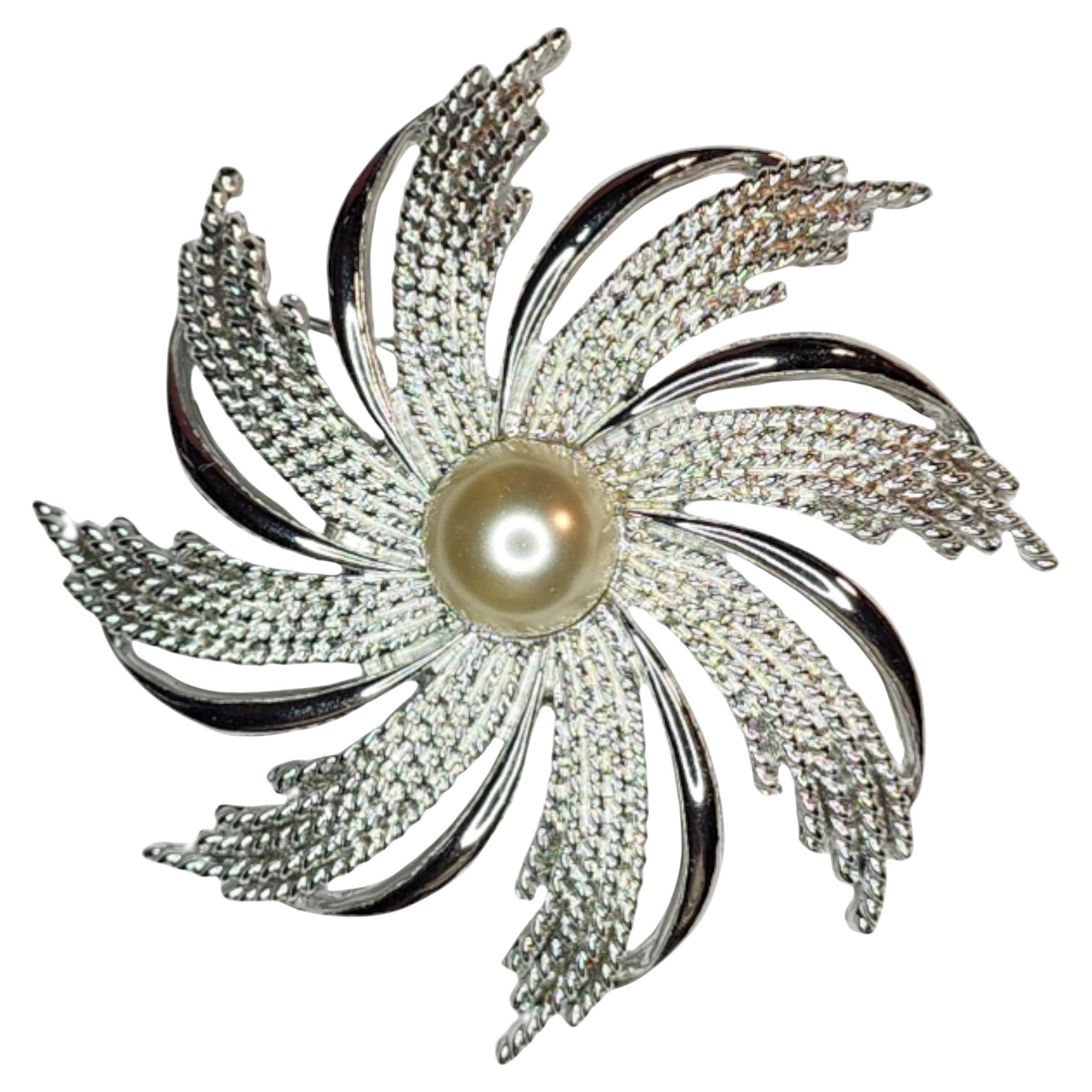 Sarah Coventry Silver Tone Faux Pearl Swirl Flower Brooch, 1960s