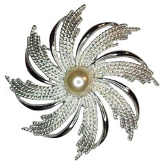 Sarah Coventry Silver Tone Faux Pearl Swirl Flower Brooch, 1960s
