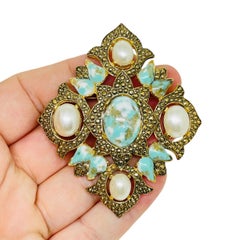 Sarah Coventry spilla vintage in oro con perle finte turchesi e croce maltese