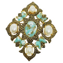 Sarah Coventry spilla vintage in oro con perle finte turchesi e croce maltese