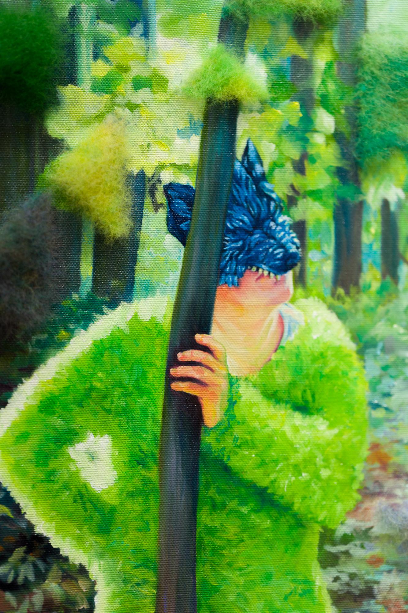 « Feral Forties », femme dans un masque de loup dans une forêt avec ornement feutré - Painting de Sarah Detweiler
