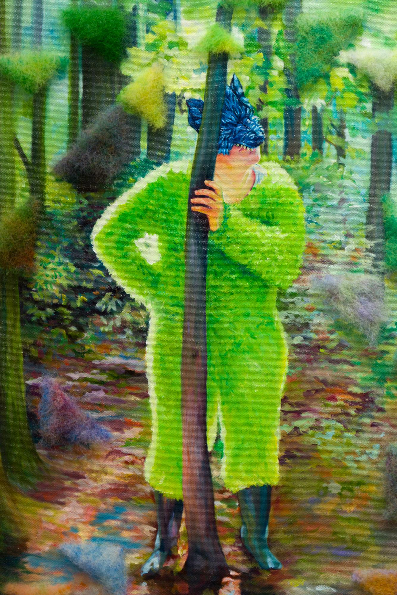 « Feral Forties », femme dans un masque de loup dans une forêt avec ornement feutré - Contemporain Painting par Sarah Detweiler