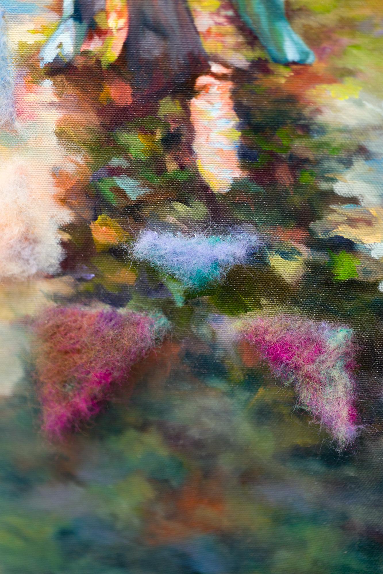 « Feral Forties », femme dans un masque de loup dans une forêt avec ornement feutré - Noir Figurative Painting par Sarah Detweiler