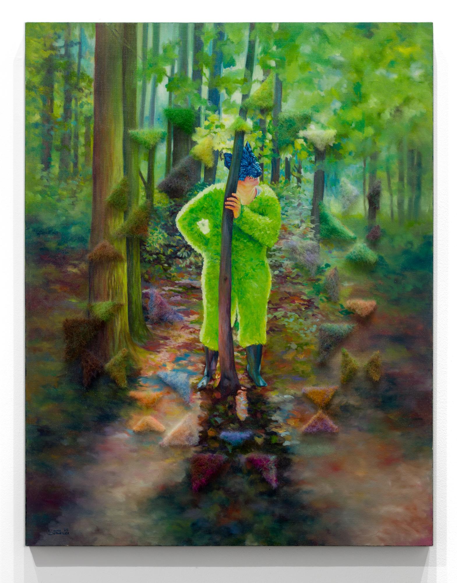"Feral Forties", Woman in Wolf Mask in a Forest with Felted Embellishment