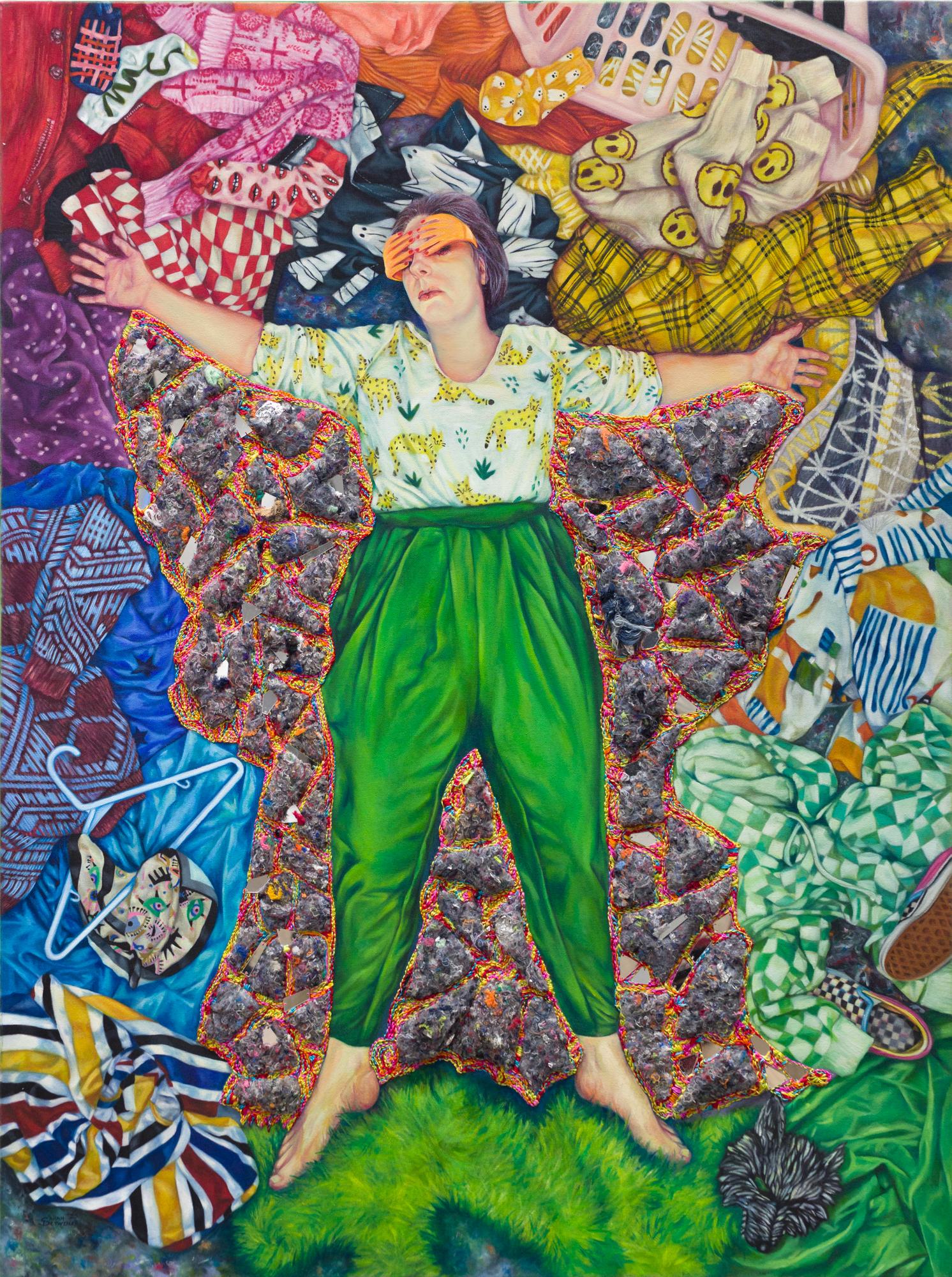 „I Give Myself Grace Now“, Frau umgeben von Wäsche in Öl und Stickerei – Painting von Sarah Detweiler