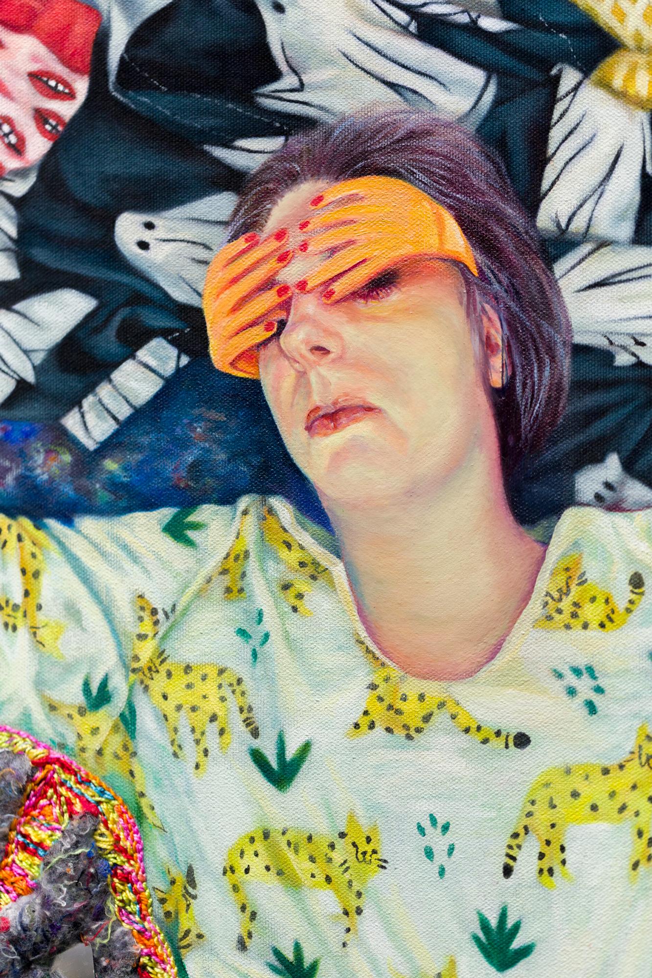 „I Give Myself Grace Now“, Frau umgeben von Wäsche in Öl und Stickerei (Zeitgenössisch), Painting, von Sarah Detweiler