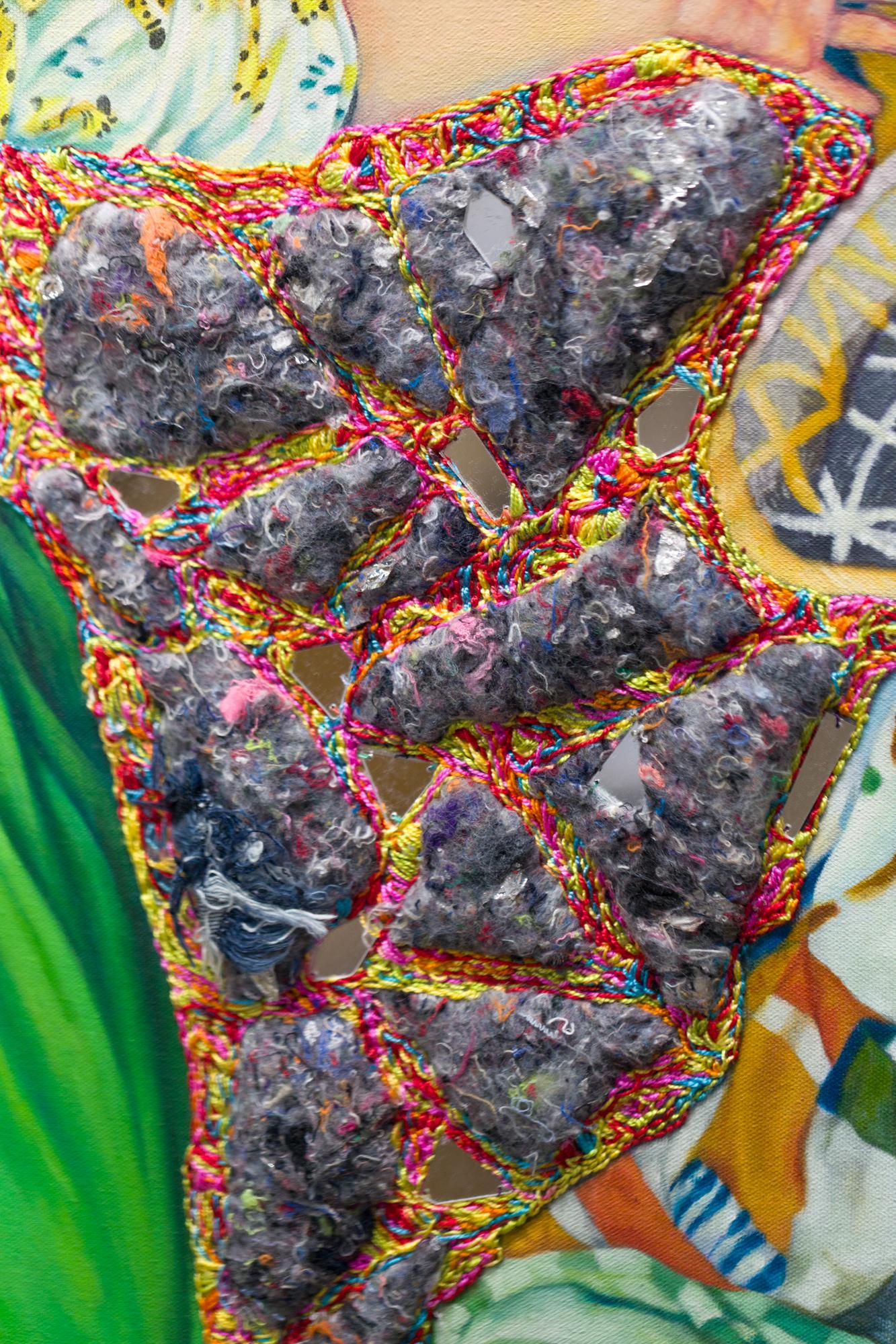 „I Give Myself Grace Now“, Frau umgeben von Wäsche in Öl und Stickerei (Grau), Figurative Painting, von Sarah Detweiler