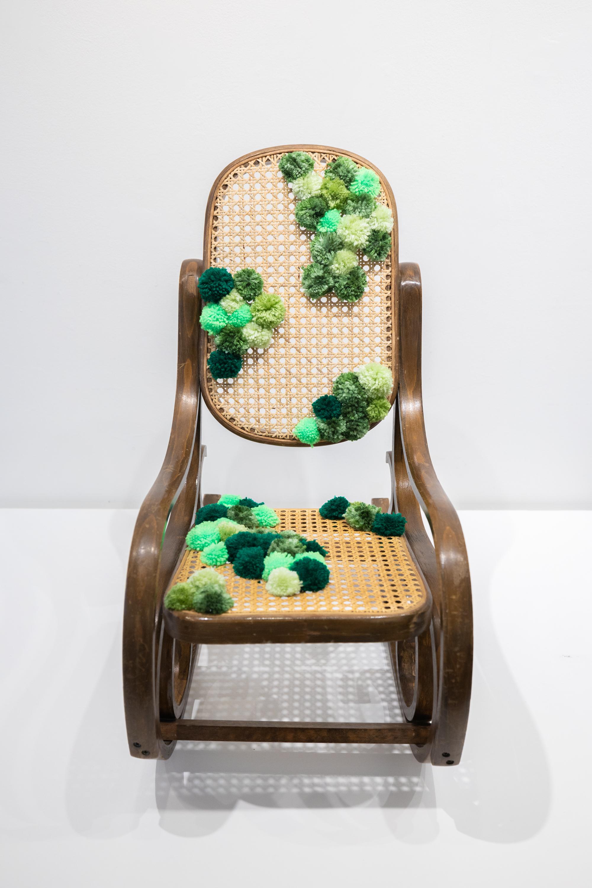 artist’s childhood chair, yarn

Watching her own children experience childhood in a global pandemic, Detweiler has found catharsis and joy in recalling her own experiences as a child of the 80s and a teen of the 90s, during what seemed like a