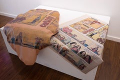 "Sunday Mornings" textile sculpture, oversized putty and comic strip