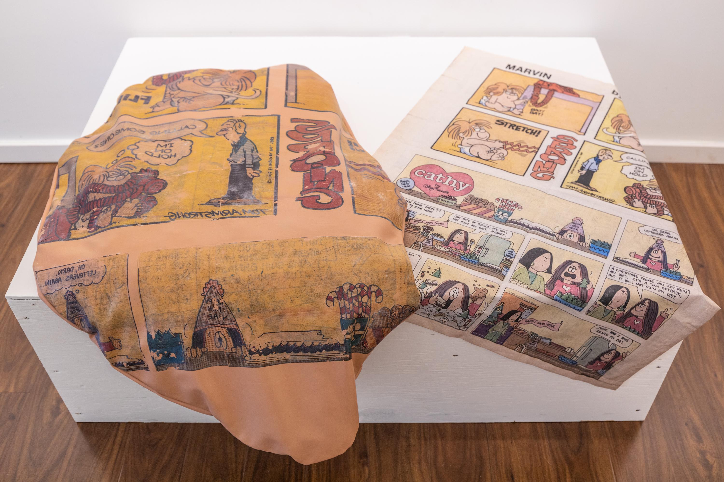 "Sunday Mornings" textile sculpture, oversized putty and comic strip - Mixed Media Art by Sarah Detweiler