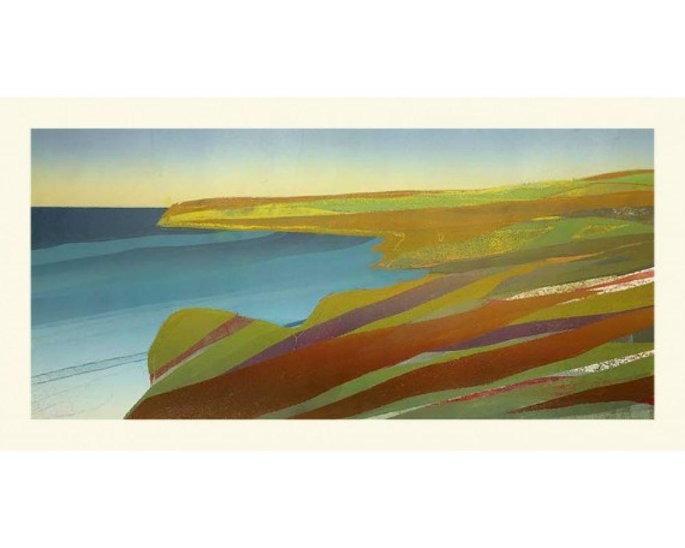 This monoprint was inspired by a small strip of the North Cornwall Coast, specifically on the coast path between Harlyn and Trevone. This has been a place of retreat for Sarah for many years. The geography and the landscape are forever changing as