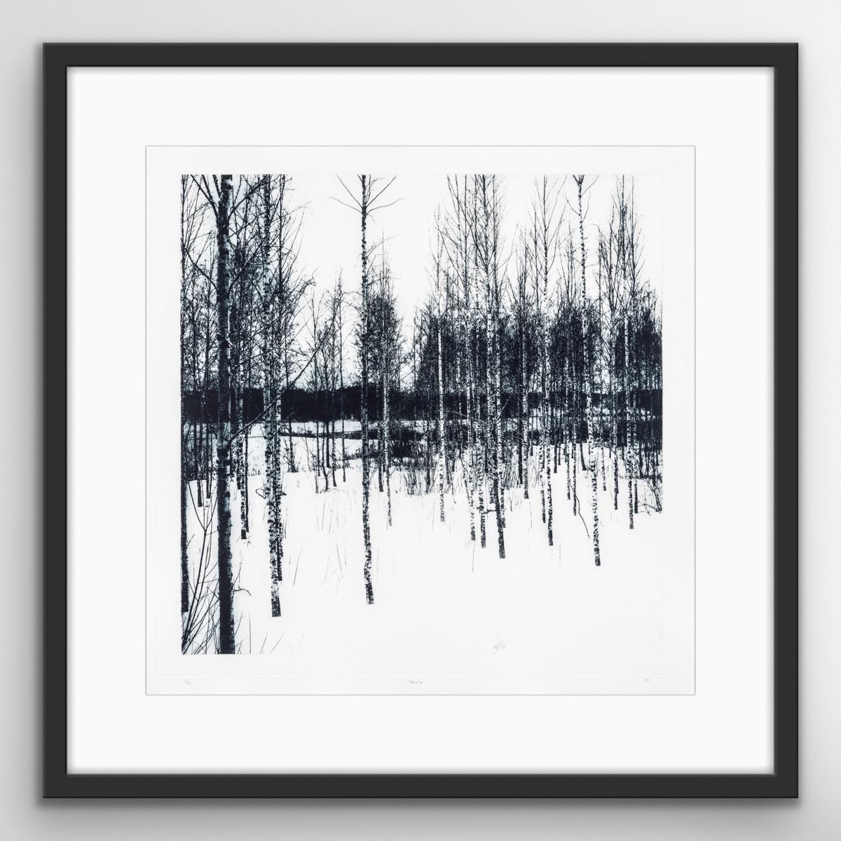Neula, Waldkunst, Landschaft, Schwarz-Weiß-Holzland-Kunst, Monochrom-Kunstwerk (Minimalistisch), Print, von Sarah Duncan
