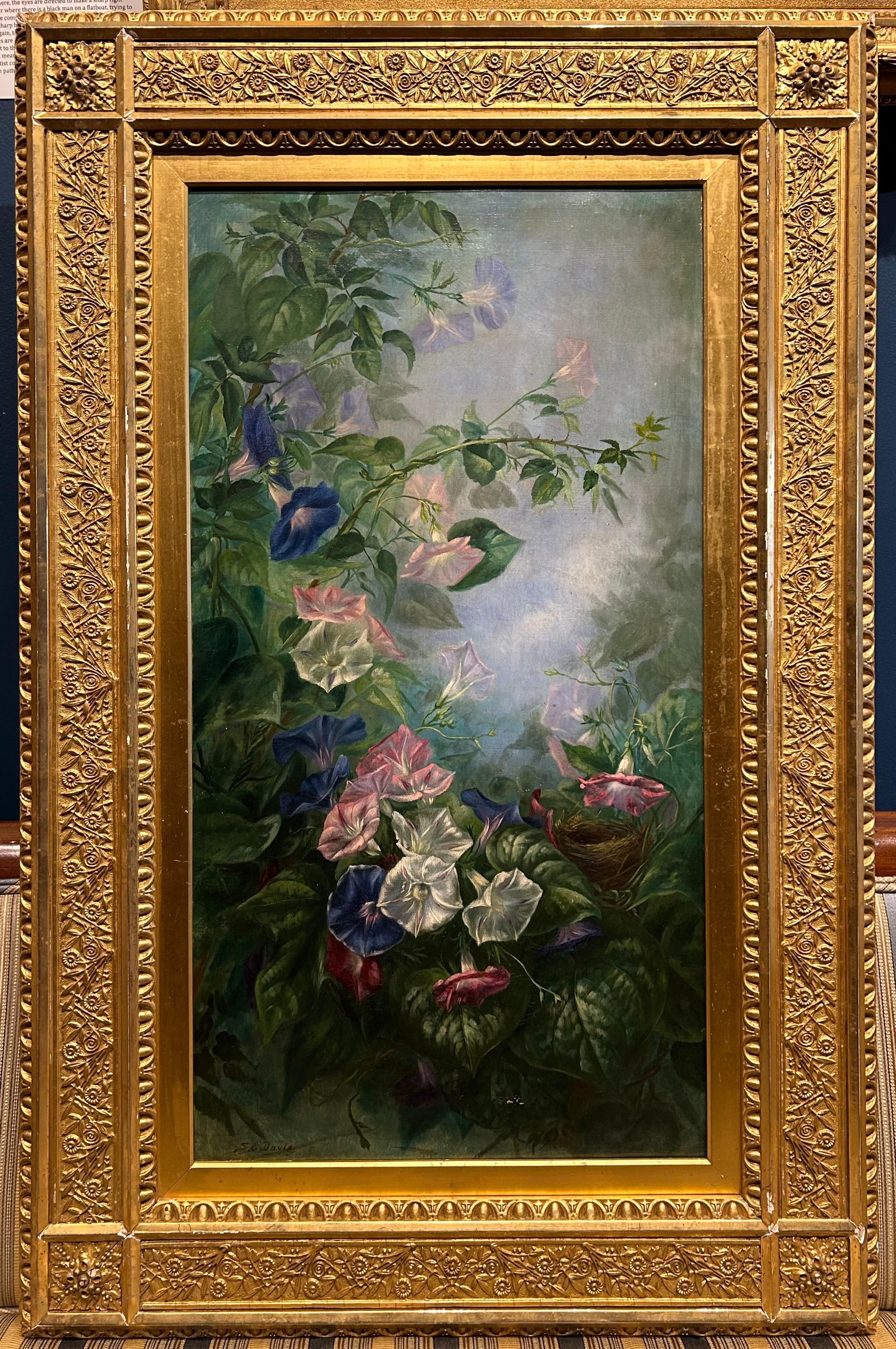 Sarah E. Davis Still-Life Painting - Oil Flower Still Life of Morning Glories 