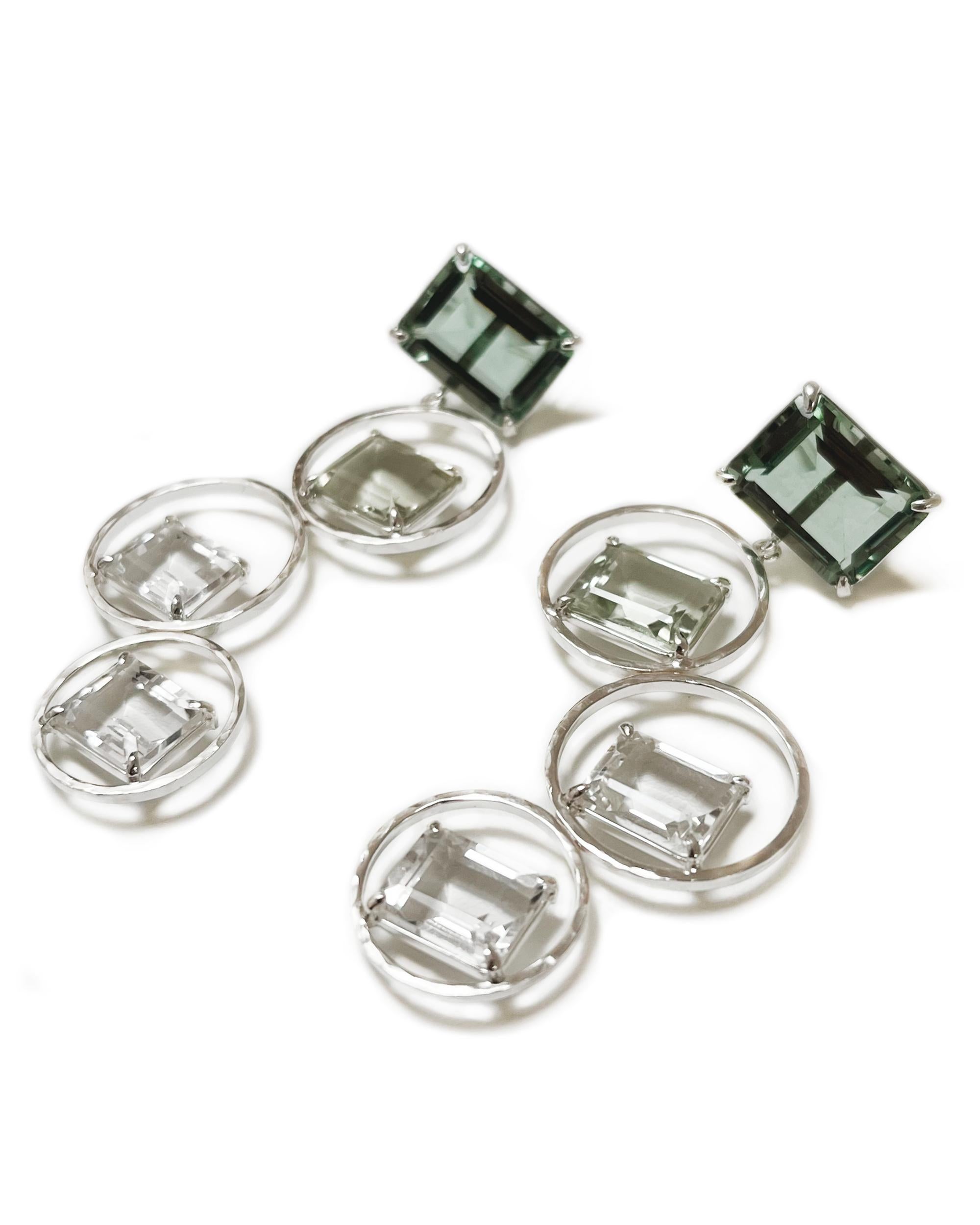 Contemporary Sarah Earrings in Green Quartz, Prasiolite, White Topaz and Sterling Silver For Sale