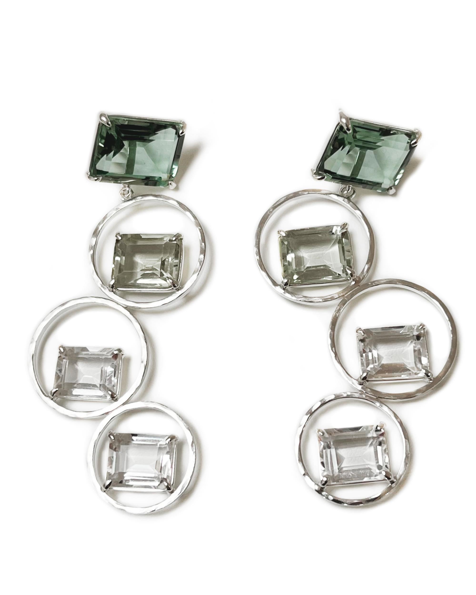 Emerald Cut Sarah Earrings in Green Quartz, Prasiolite, White Topaz and Sterling Silver For Sale