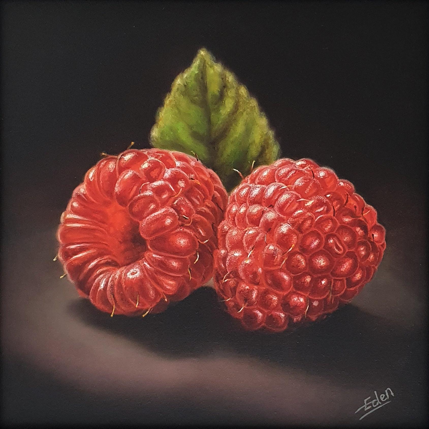 Razzle Dazzle Raspberries -Original Realismus zeitgenössische Obst Gemälde zu verkaufen (Fotorealismus), Painting, von Sarah Eden
