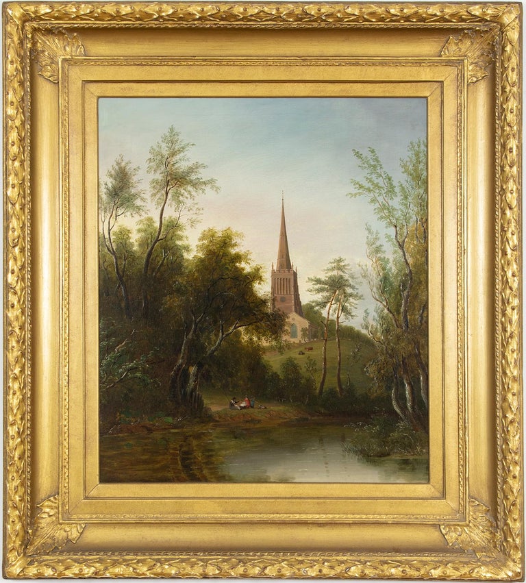 Figures by a Pond, with Cattle and a Church beyond by Sarah Ferneley  For Sale 1