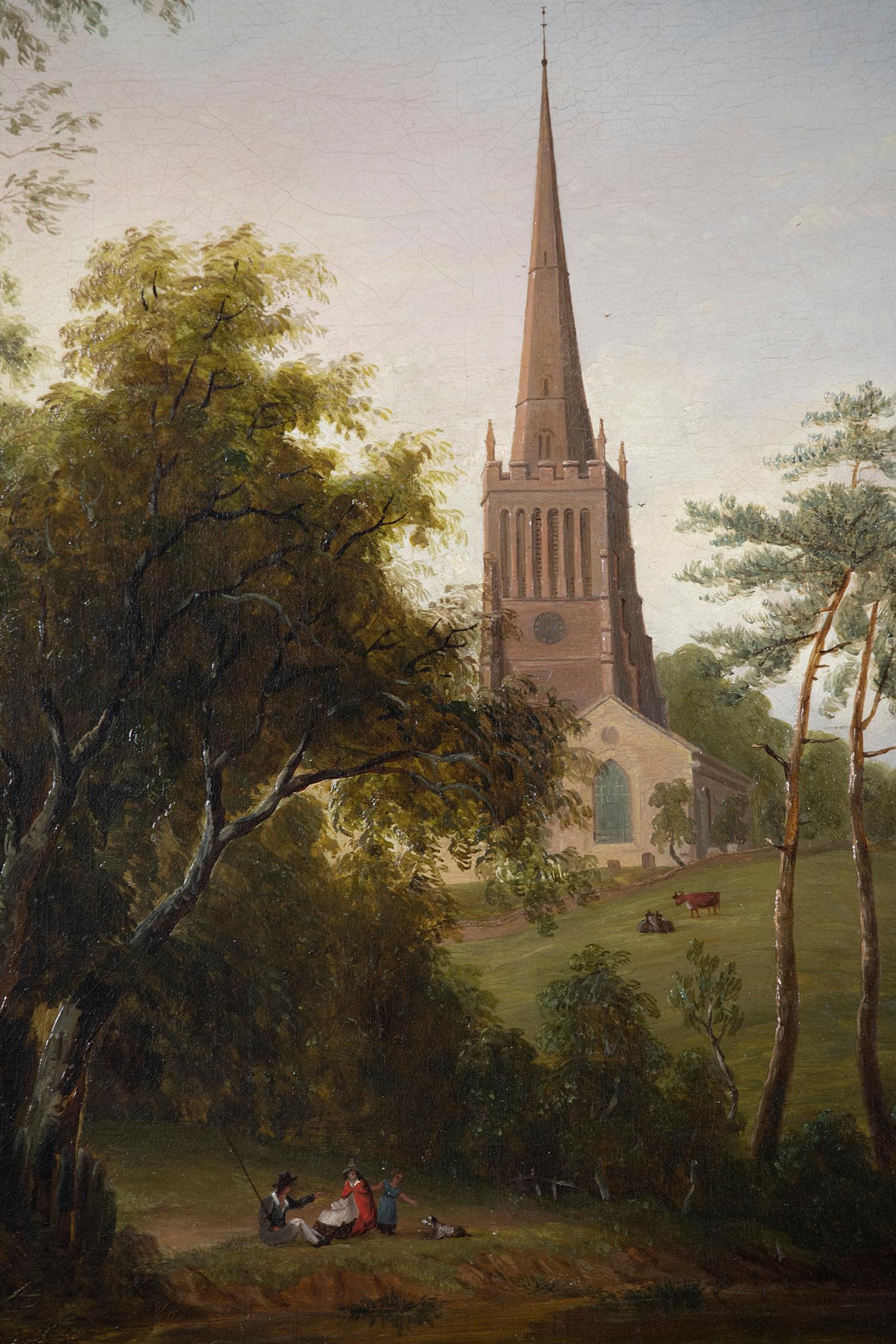 Figures by a Pond, with Cattle and a Church beyond by Sarah Ferneley (1812-1903)
Oil on canvas
76.5 x 63.5 (30 ⅛ x 25 inches)
Executed circa 1840

Beautifully presented in a heavy period gold frame