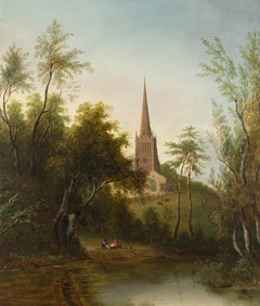 Figures by a Pond, with Cattle and a Church beyond by Sarah Ferneley 