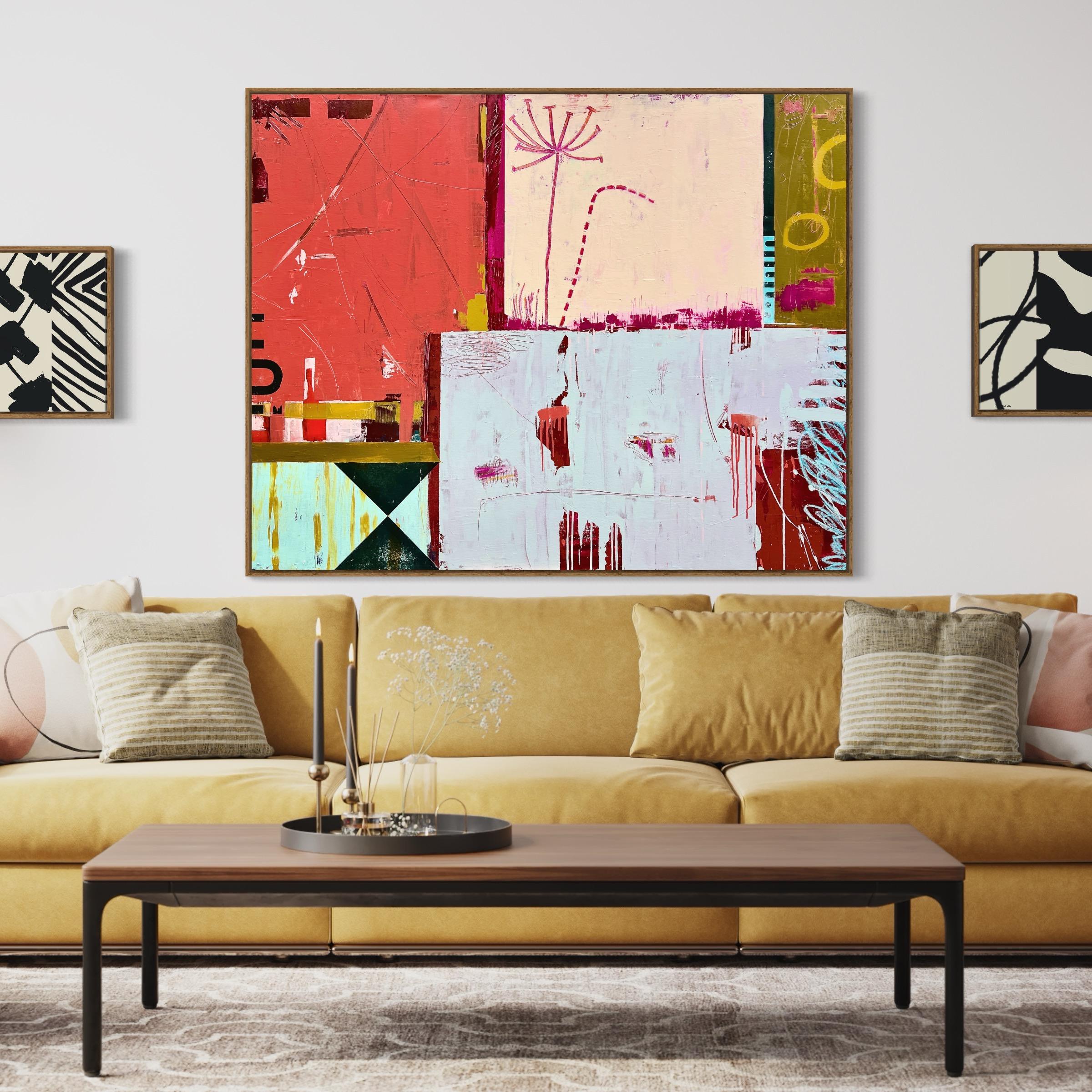 Harvest Moon, Original Contemporary Abstract Mixed Media Painting auf Leinwand
48x60x1,5 (HxBxT), Gemischte Medien

Auf diesem großformatigen Gemälde der Künstlerin Sarah Finucane überlagern sich eine Reihe von losen Rechtecken. Die Farbe liegt dick